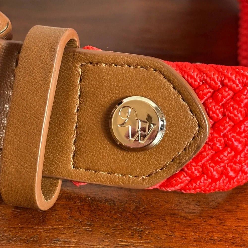 Nine West Womens‎ Red Braided Elastic Stretch Belt Brown Leather Trim Gold Logo